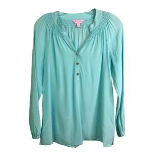 Lilly Pulitzer Women Blouse Elsa Silk Top Blue Green Long Sleeve V-Neck XS‎ $138